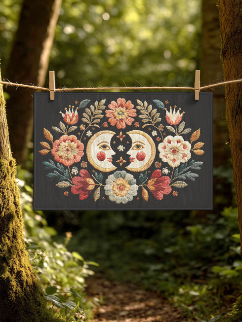 Witchy outdoor doormat featuring a central all-seeing eye, crescent moons, and floral details in an embroidery-style design. This weatherproof welcome mat measures 26x18 inches and is ideal for porches or patio entries. Symbolic celestial motifs offer intuitive protection and spiritual elegance for magical home decor.